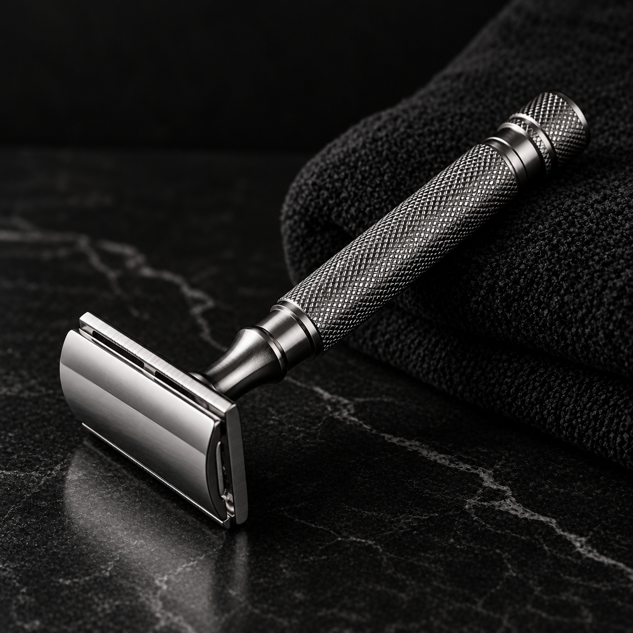 A polished safety razor beside a black grooming towel